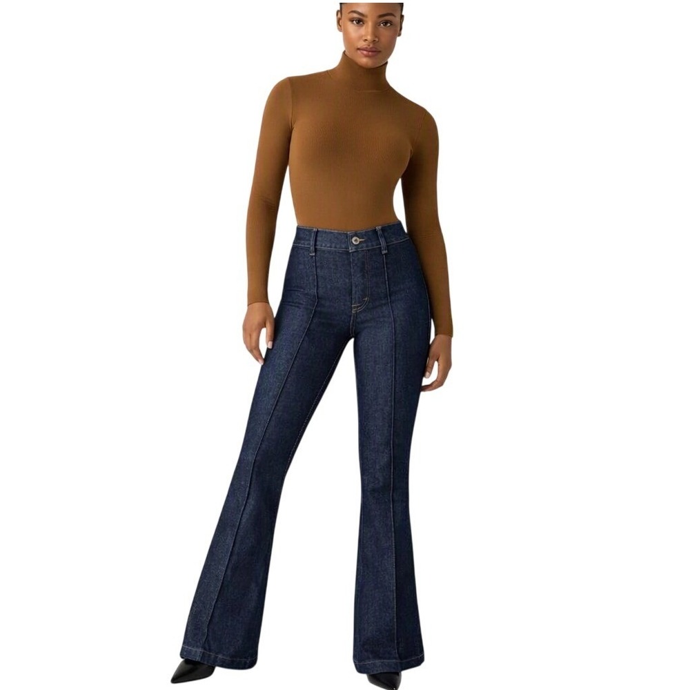 Spanx Pintuck Front Seam Pull-On High-Rise Flare Jeans Women XL Raw Indigo Good